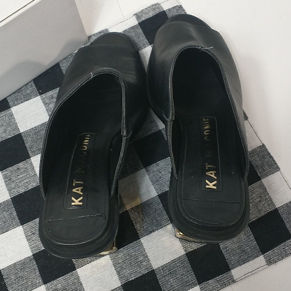 Kat Maconie Womens Sandal Block Heels Shoes Black Leather Slip On Peep Toe 8 - Picture 6 of 10